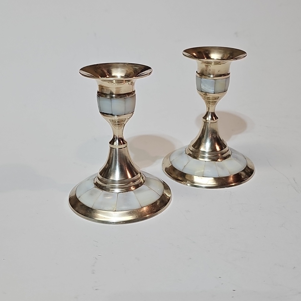 S/2 Polished Brass Taper Candle Candlestick Holders w/ Mother of Pearl Inlays